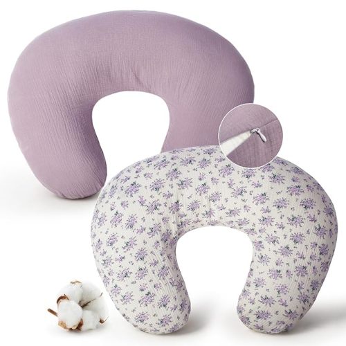 FUNUPUP Muslin Nursing Pillow Cover Replacement, Purple & Purple Floral | Slipcover Fit for Standard Breastfeeding Pillow 27x19x6 Inches, Hidden Zipper, Soft Breathable, Machine Washable, Pre-Shrunk