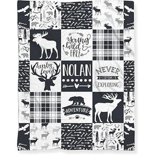 Personalized Minky Baby Blanket with Deer, Moose, Bear – Custom Woodland Adventure Blanket – Soft Newborn Blanket – Toddler Crib Throw - Snuggle Blanket (30" x 40", White on Back, All Gray)