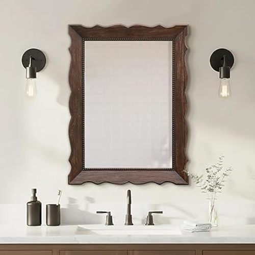 Besdomus Rustic Wood Frame Mirror: 24"x32" Dark Brown Wood Bathroom Mirror