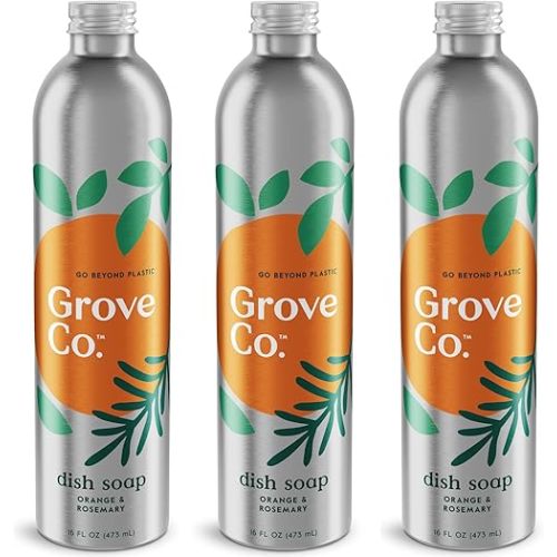 Grove Co. Ultimate Dish Soap Refills (3 x 16 Fl Oz) Removes 48-hr Stuck-on Food & Grease, No Plastic or Parabens, 100% Natural Orange & Rosemary Fragrance