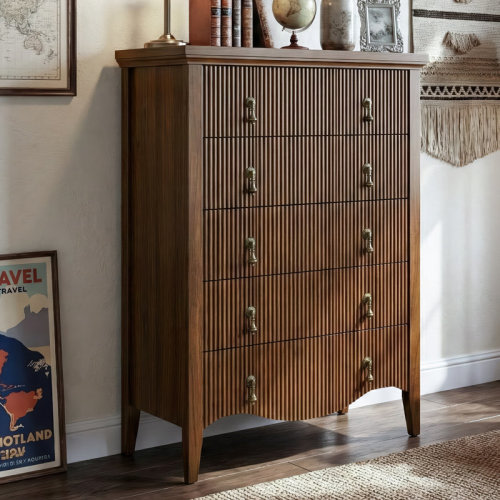 Latitude Run® Avenall 5-drawer Dresser With Fluted Design, Mid-century Modern Tall Chest Of Drawers, Vintage Farmhouse Storage Cabinet For Bedroom And Hallway, Scalloped Base & Reviews | Wayfair