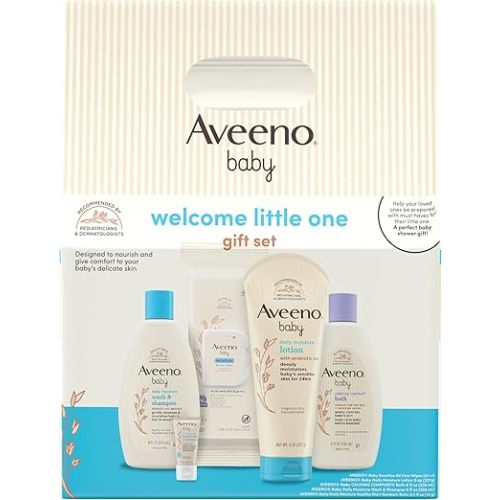 Aveeno Baby Welcome Little One Gift Basket, Baby Skincare Set with Nourishing Baby Body Wash & Shampoo, Calming Bath Wash, All Over Baby Wipes, & Daily Moisturizing Lotion, 5 Items
