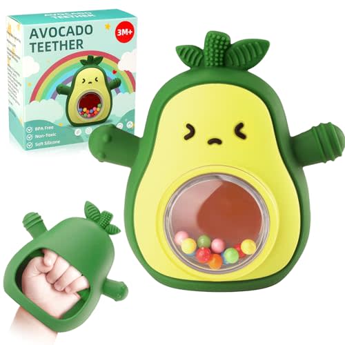 Baby Teether & Rattle Toys Avocado Teething Mitten for Sucking Needs -Anti Dropping Wrist Hand, Silicone Teethers Baby Chew Toys for Babies Over 3 Months, BPA Free