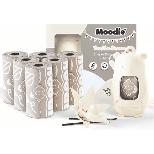 Moodie Disposable Diaper Bags Dispenser COMBO PACK | 105 VANILLA SCENTED Baby Poop Bags TOTAL | Dirty Diaper Trash Bags | Diaper Bags Disposable (VANILLA DREAM)