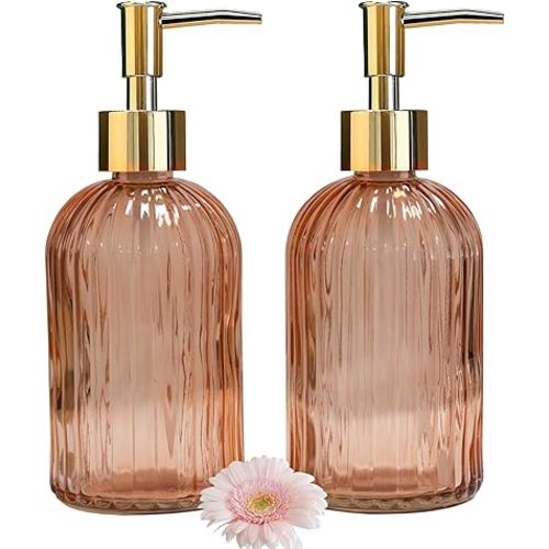 Glass Soap Dispenser with Gold Plastic Pump, 13.5oz Refillable Liquid Hand Soap Dispenser, 2 Pack Crystal Lotion Bottle for Modern Home Decor, Bathroom, Kitchen Countertop, Hotel(Orange)