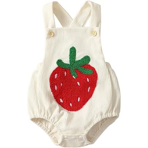 Newborn Baby Girl Summer Clothes Strawberry Embroidery Romper Sleeveless Corduroy Overalls Bodysuit Jumpsuit Outfit