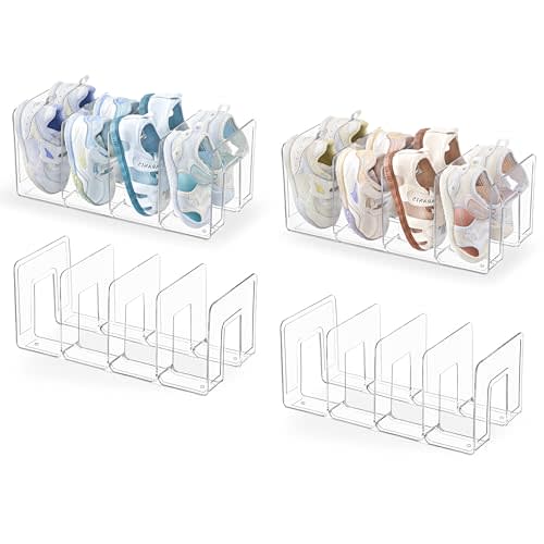 HBlife Clear Acrylic Kids Shoe Rack for Closet Organizers and Storage, Small Shoe Rack 4 Sections Toddler Baby Shoe Storage Organizer Stackable Shoe Shelf,Desk File Sorter Book Purse Organizer(4 Pack)