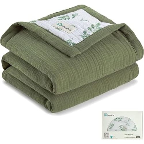 Muslin Baby Blanket Neutral - 100% Cotton Soft Toddler Blanket for Daycare - Reversible Lightweight Crib Bedding for Stroller & Travel 47"x47" (Leaf Garden)