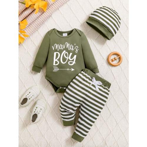 Baby Boy Blue Letter Print Long Sleeve Top, Striped Pants And Hat, Autumn/Winter | SHEIN USA