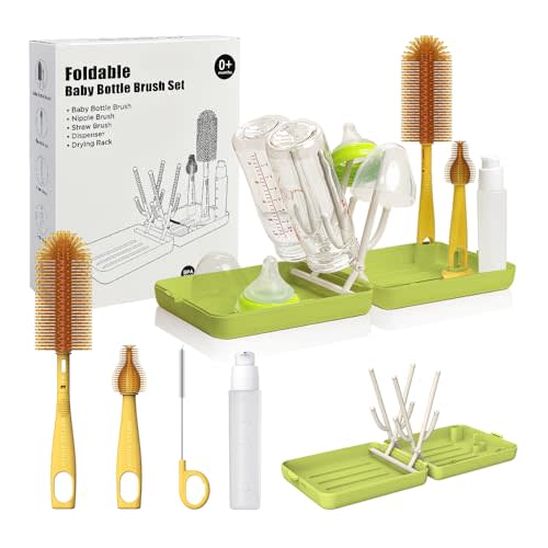 YOTIME Travel Bottle Brush, Travel Bottle Cleaner Kit with Foldable Bottle Drying Rack, for Visit Friends and Relations, Baby Travel Essentials, BPA Free, Green