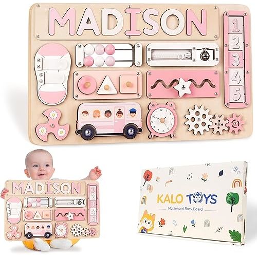 KALOTOYS Personalized Large Busy Board for Toddlers - Montessori Busy Board - Montessori Toys for 1 Year Old Baby Boys Girls - Sensory Toys for Toddlers 1-3 - Peronalized Baby Gift