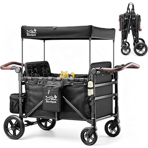 Rovique 4 Seater Wagon Stroller – Deluxe Quad Wagon for 4 Kids with Snack Trays,All-Terrain Wheels,Push Handle, Canopy,Aluminum Frame – Gift for Baby Showers,New Parents,Birthdays