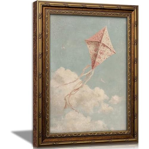 SYHSDZSW Vintage Gold Framed Nursery Wall Art, Pink Kite Canvas Print
