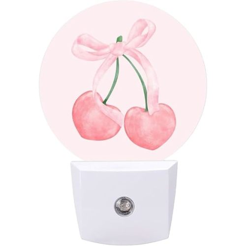 Valentine's Day Sweet Pink Cherry Bow Plug in Night Light,LED Dusk to Dawn Nightlight Sensor for Girls Boys Bedroom Bathroom Hallway Kitchen Home Wall Decor,0.5W