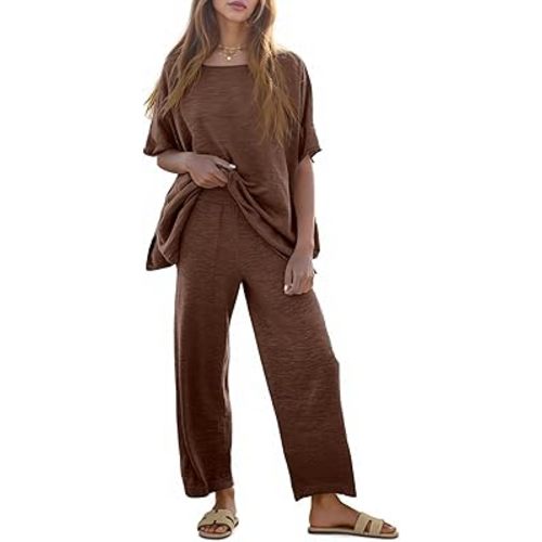 Tankaneo Women's 2 Piece Travel Outfits Casual Short Sleeve Knit Sweater Set Wide Leg Pants Lounge Sets Tracksuit