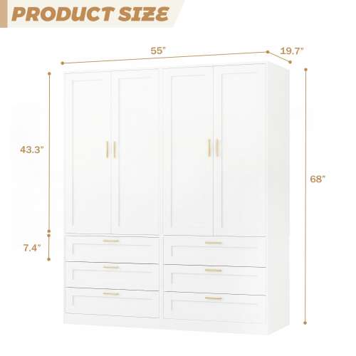 Modern Armoire Wardrobe Closet with Wooden Drawers, Closet Organizer with Hanging Rods