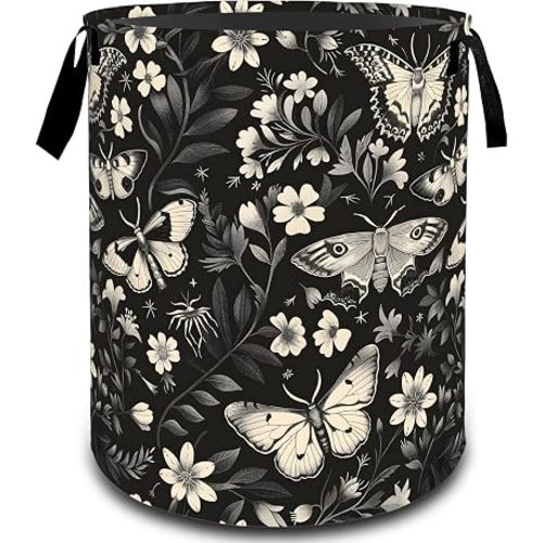 Vintage Butterfly Moth Floral Laundry Basket, Dirty Collapsible Clothes Toy Organizer Hamper for Kids Adults, Oxford Cloth Waterproof Storage Bin for Room Bathroom Home Decor Gifts, 19.7"X15.7"