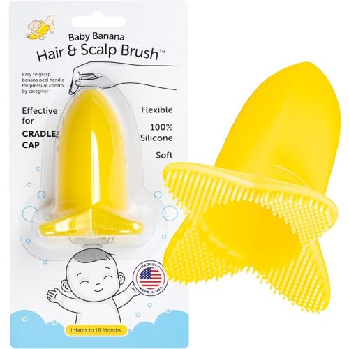Baby BananaScalp and Body Brush for Cradle Cap and Bathtime, Made in USA, Infant to 12 Months, Flexable, Variable Pressure Scalp and Body Scrubber, Essential Baby Shower Gift, Baby Must Have.