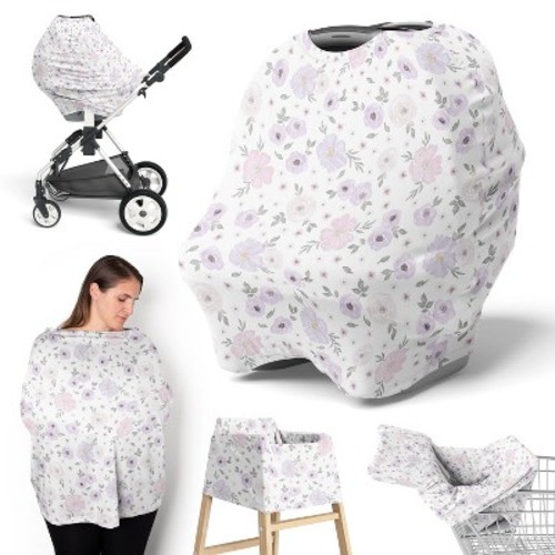 Sweet Jojo Designs Girl 5-in-1 Multi Use Baby Nursing Cover Watercolor Floral Purple Grey and Pink