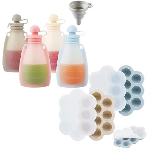 PandaEar Reusable Silicone Baby Food Pouches & 2 Pack Baby Food Freezer Tray