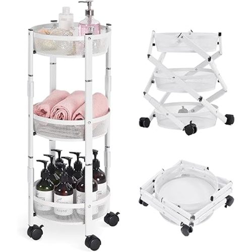 TOOLF 3-Tier Foldable Rolling Cart, Collapsible Metal Utility Cart with Wheels, No Assemble, Multifunction Storage Organizer Trolley for Kitchen, Bathroom, Dorm, Nursery, White