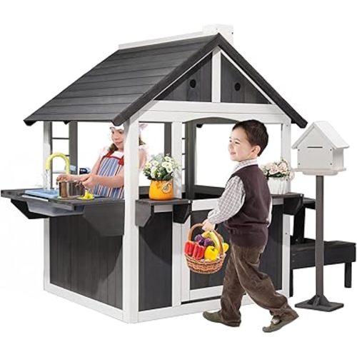 JOYMOR Kids Wooden Playhouse for Outdoor, Cottage with Sink, Picnic Table, Mailbox, Flowerpot Holders, Age 3-8 (Gray&White)