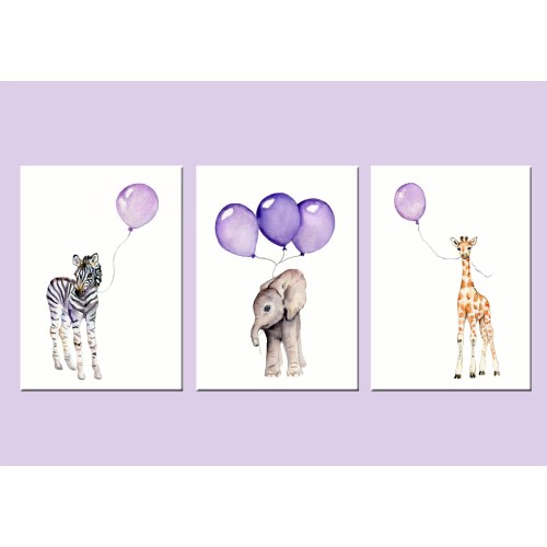 Purple Nursery set, purple balloons, baby room art, purple and gray, lavender baby room, girls wall art, 8 X 10 print set