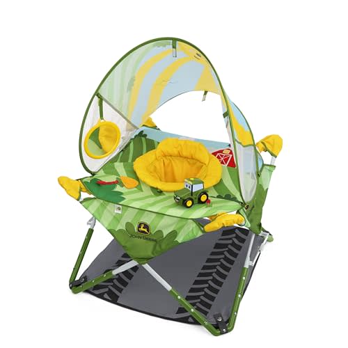 Bright Starts John Deere Pop 'N Jump Portable Baby Jumper, Foldable Indoor/Outdoor Baby Jumper with Sensory Activities, Ages 6–12 Months