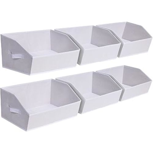 Fabric Bins for Organization - Trapezoid Storage Cubes, Large Baskets for Storage, 6 Pack Shelf Baskets, Closet Organizer Bins for Clothes, Books, Home, Office, White