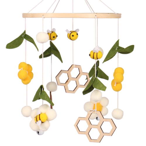 GHOJET Baby Crib Nursery Mobile,Bamboo Wood Mobile Baby Wind Chimes Cute Baby Crib Mobile Toy Soothing Crib Nursery Mobile Hanging Bee Flowers Crib Decor Auditory Visual Development