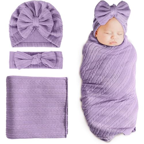 DRESHOW BQUBO Newborn Receiving Blanket Toddler Warm for Girls with Bow Hat and Bow Headband Shower Gift