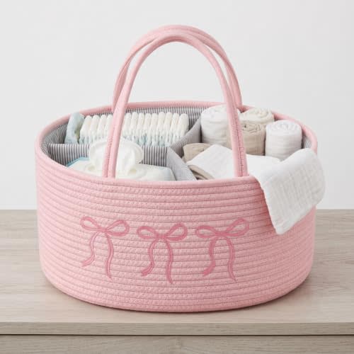Baby Caddy Organizer, Cotton Rope Baby Diaper Caddy with 3 Compartments Hand-Braided Pink Nursery Storage Basket with Bow Embroidery Newborn Essentials Gift (Pink)