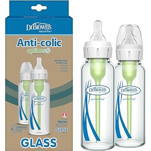 Dr. Brown's Natural Flow Anti-Colic Options+ Narrow Glass Baby Bottle 8 oz/250 mL, with Level 1 Slow Flow Nipple, 2 Pack, 0m+