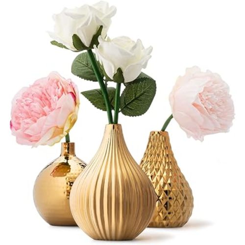 Zensational Ceramic Gold Vase Set of 3 - Diamond, Spot, Stripe - Small Decorative Vases for Flowers - Textured Round Mini Vases - Gold Centerpiece Vases - Bud Vases for Weddings