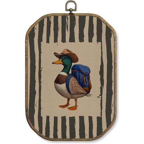 WUHSDIBC Western Cowboy Mallard Duck Nursery Octagon Wall Art Decor, Vintage Duck Framed Canvas Art Prints, Whimsical Travel Wall Hanging Decor for Kids Boy Room Nursery Bathroom 10.2x7 In