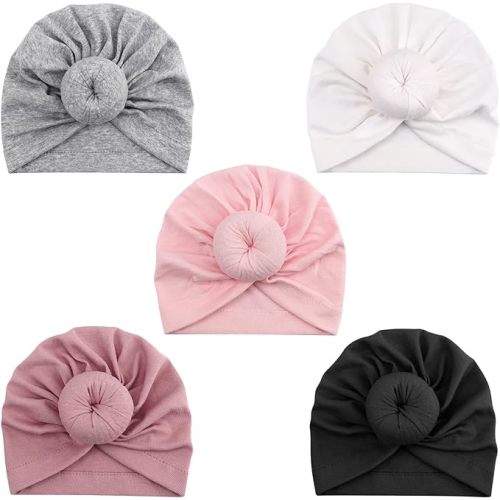 DRESHOW BQUBO 5 Pieces Newborn Baby Turban Hats Bow Baby Infant Beanie Breathable Toddler Cap for Baby Girls