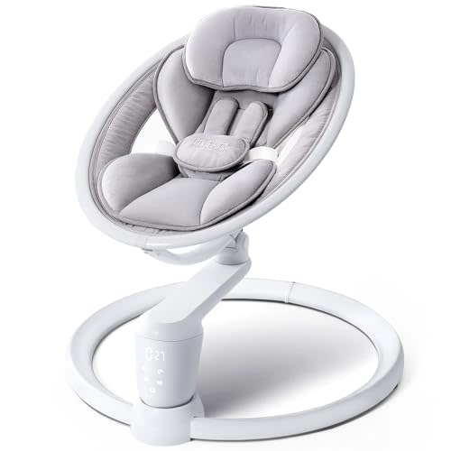 HARPPA Weddell Plus Electric Baby Swings for Infants and Newborns, Eye-Level Baby Swing 5 Speeds and Remote Control 10 Built-in Melodies, 2 Seat Positions & 180° Rotation for Indoor Use, Dove Gray