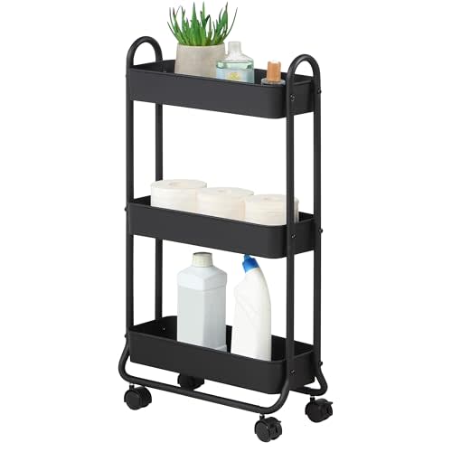 SunnyPoint Slim Rolling Storage Cart, 3 Tier Bathroom Storage Organizer Bathroom, Laundry Utility Cart (Black)