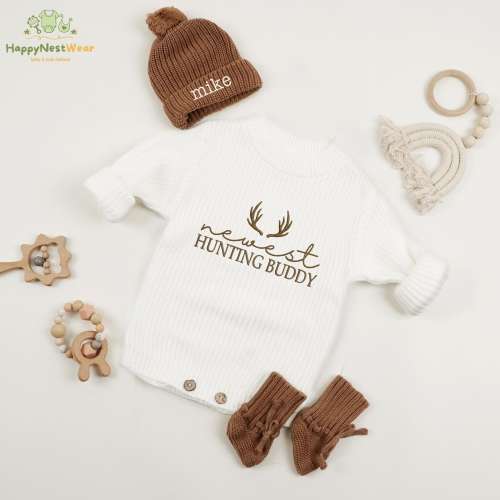 Embroidered Newest Hunting Buddy Baby Knit Romper, Deer Hunting Season Knitted Set, Little Hunter Baby Gift, Woodland Outdoor Baby Boy Shirt