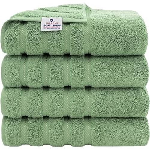 American Soft Linen Luxury 4 Piece Bath Towel Set, 600 GSM 100% Cotton Turkish Bath Towels for Bathroom, 27x54 in Large Bathroom Shower Towels, Sage Green
