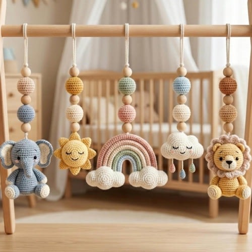 Safari Sky Baby Gym Toys, Crochet Baby Play Gym Set, Rainbow Cloud Sun Nursery Decor, Montessori Baby Toy, Baby Shower Gift