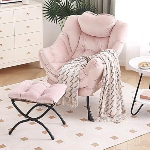 Lazy Chair with Ottoman, Modern Chair with Folding Footrest, Lounge Accent Chair, Comfortable Reading Chair, Oversized Armchairs for Bedroom, Study, Living Room, Courtyard (Pink)