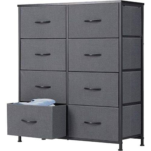 DUMOS 8 Drawer Dresser for Bedroom, Fabric Storage Organizer with Sturdy Metal Frame, Wooden Top Chest of Drawers for Closet Entryway Guest Room, Grey