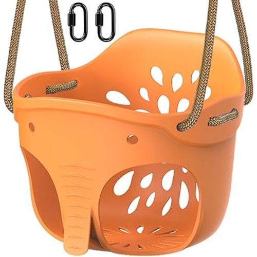 SELEWARE Heavy-Duty High Back Full Bucket Toddler Swing Seat with Locking Carabiners and Adjustable Rope, Cute Elephant Shape Design, 600LB Weight Limit