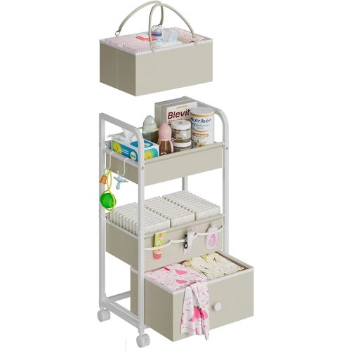2In1 Baby Diaper Caddy Organizer and Storage, 3 Tier Rolling Cart with Drawer, Mobile Utility Cart Baby Dresser Clothes Organizer for Crib, Art & Craft Storage, White, 17"W x 11.42"D x 33.5"H