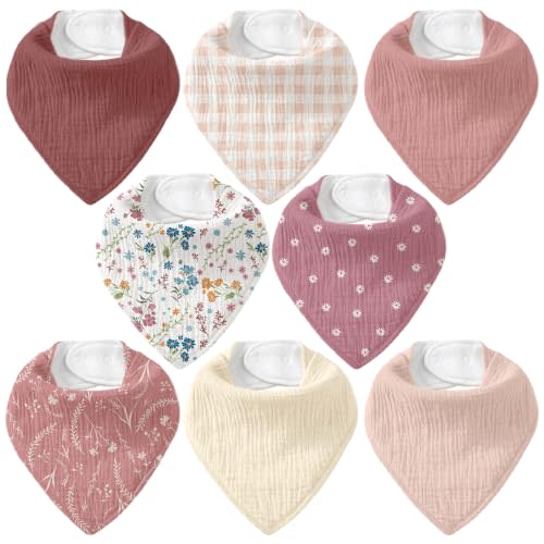 8 Pack Muslin Baby Bandana Bibs for Drooling and Teething | Absorbent Cotton Drool Bib for Baby Boy Girl, Easy Adjustable Bibs for Newborn Infants Toddlers, 0-36 Months, Burgundy floral