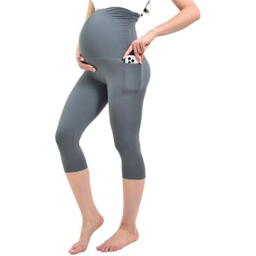 Ipletix Maternity Capris Leggings with Pockets Over The Belly, Yoga Workout Pants for Pregnancy & Postpartum