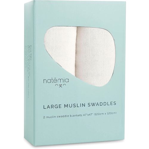 Natemia Muslin Swaddle Blankets | Large 47 x 47 inches (2 Pack)| Lightweight and Breathable Baby Swaddle Wrap | Great - 2 Pack - White