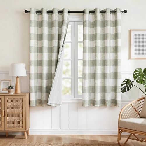 MYSKY HOME Plaid 100% Blackout Linen Curtains 63 inch Length 2 Panels Double Layer Thermal Insulated Farmhouse Rustic Gingham Drapes for Bedroom Living Room, 52" Wide Each Panel, Sage Green