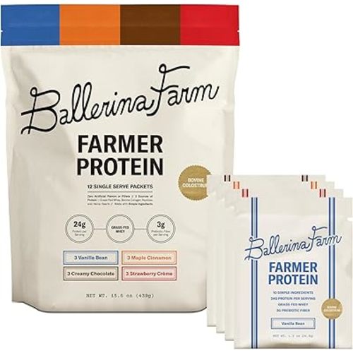 Ballerina Farm Grass Fed Whey Protein Powder, 4 Flavor Variety Pack, 24g Protein with Collagen Peptides, Bovine Colostrum, Hemp Hearts & Prebiotic Fiber, No Artificial Ingredients, 12 Servings